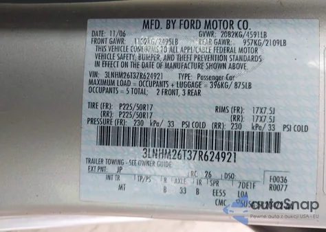 2007 Lincoln Mkz z USA, uszkodzony, nr VIN 3LNHM26T37R624921